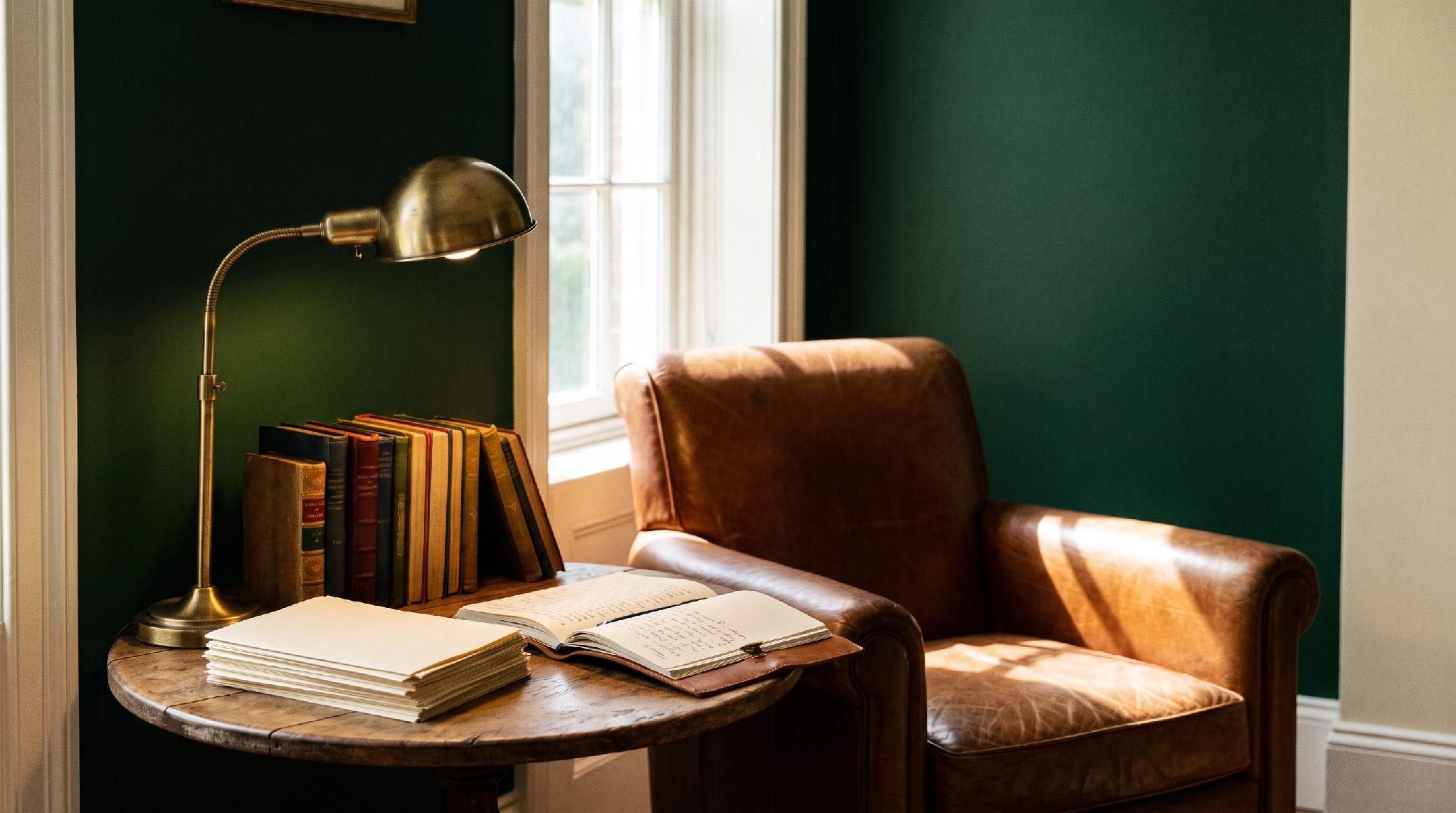 A study - warm light, shelves, a desk where the work happens